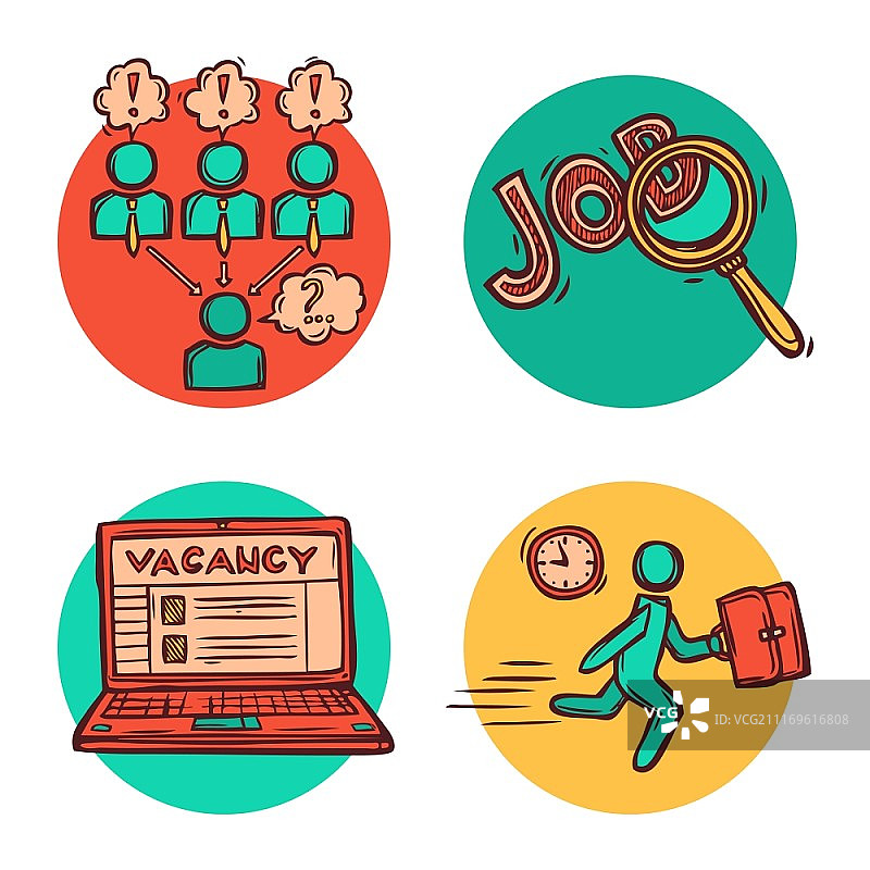职位空缺搜索人员招聘策略概念扁平图标，包含候选人面试组合抽象孤立矢量插图图片素材
