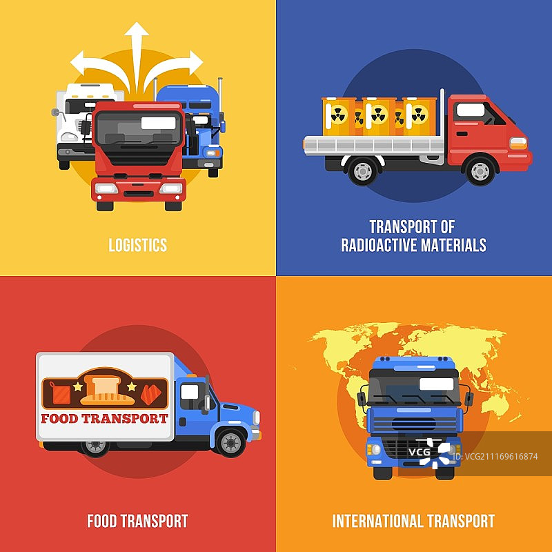 卡车图标扁平化合集：物流、放射性材料、食品、国际运输图片素材