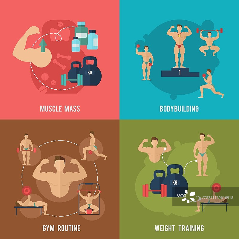 包含肌肉训练的健美扁平图标图片素材