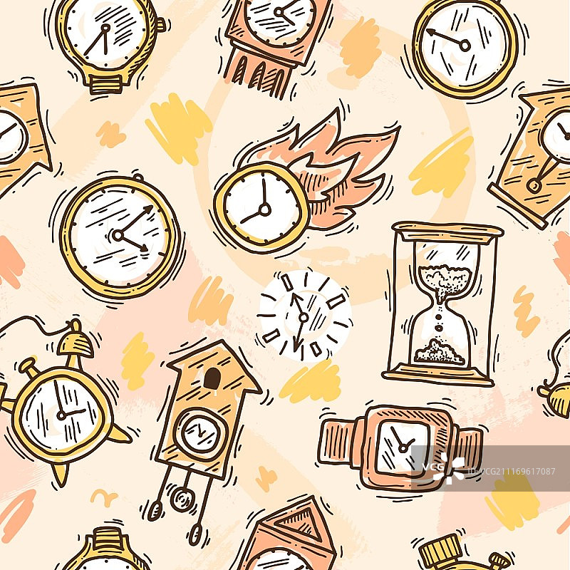 时钟草图无缝图案与沙子模拟手表和秒表矢量图图片素材