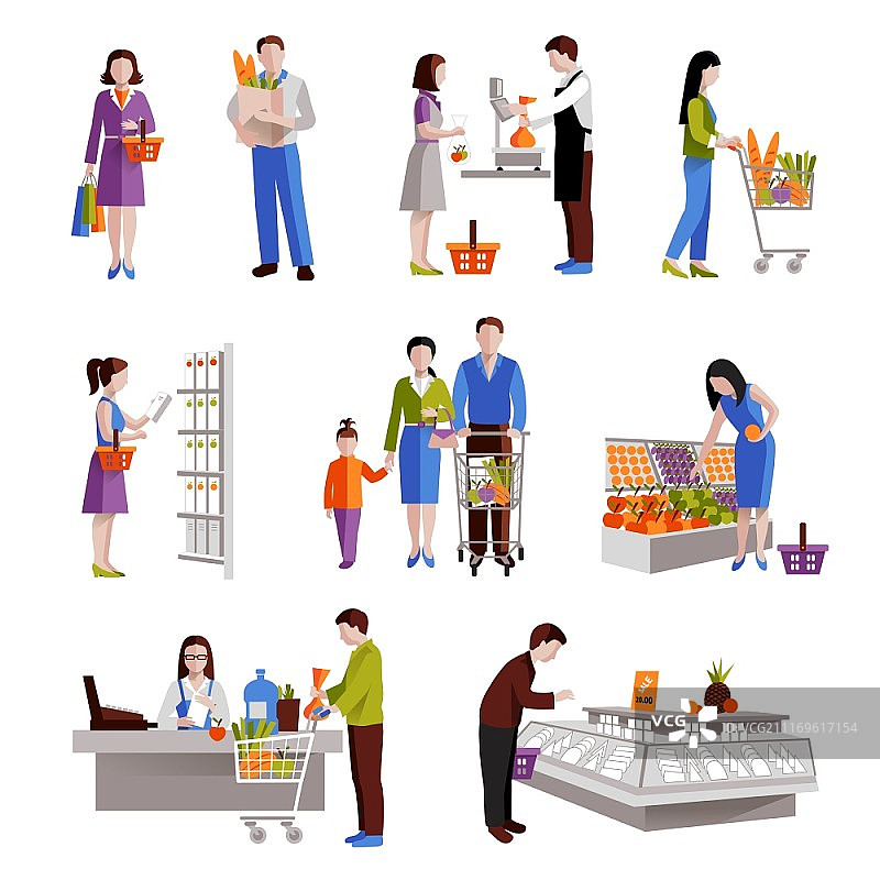 在超市购买食品杂货的人们装饰图标集矢量图图片素材