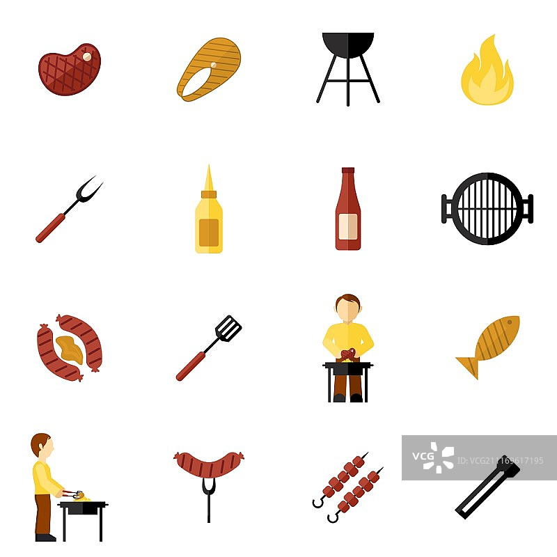 烧烤架图标：肉类、鱼排和烹饪用具图片素材