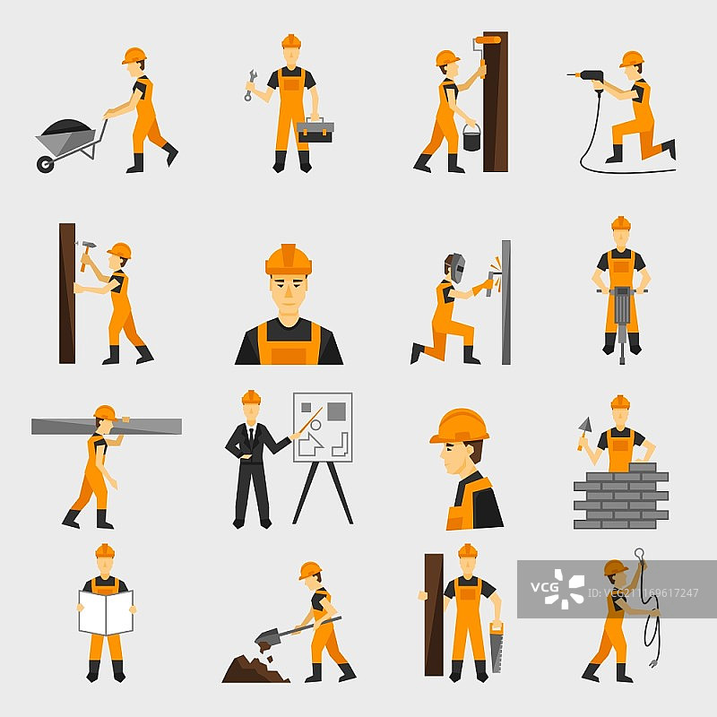 使用手锤钻在头盔中建造房屋的建筑工人人物扁平图标集抽象隔离矢量图图片素材