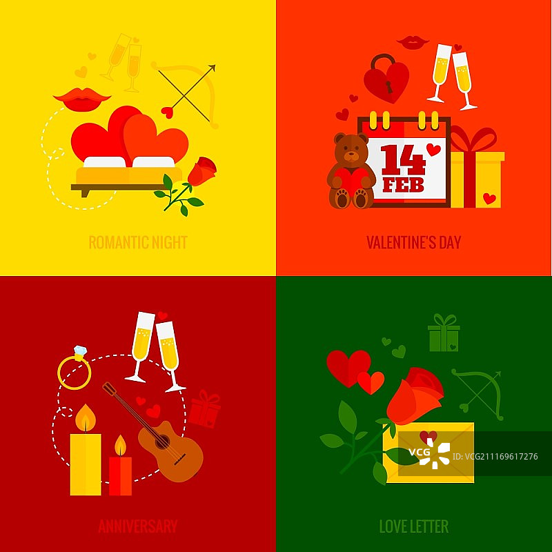 情人节周年纪念情书扁平图标浪漫设计理念矢量插图图片素材