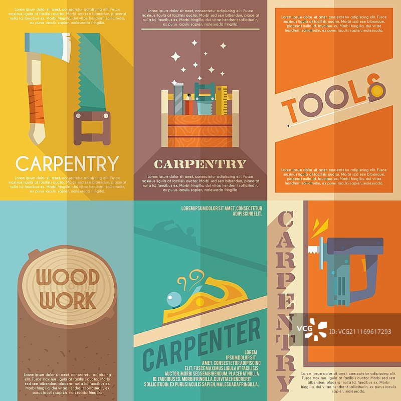 木工迷你海报扁平套装与木工工具箱隔离矢量插图图片素材