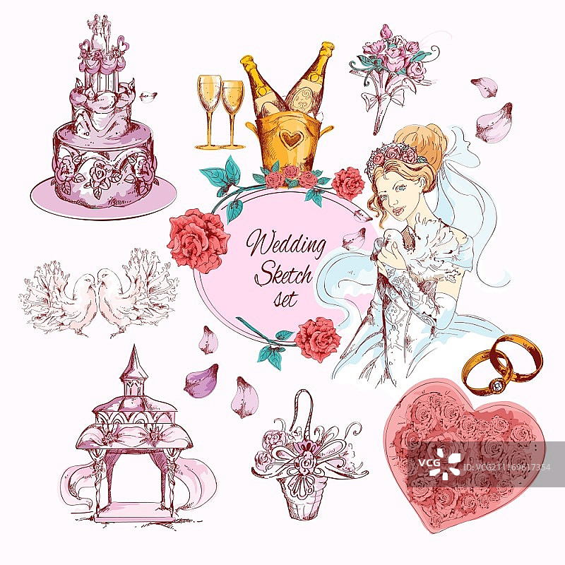 婚礼经典庆典仪式彩色装饰图标集矢量图图片素材