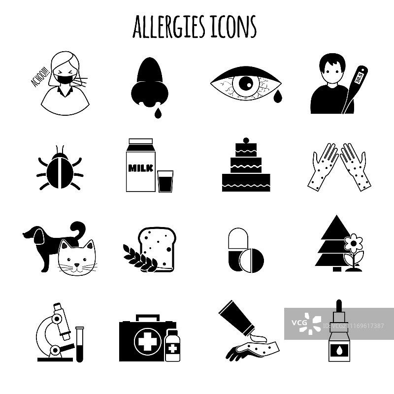 过敏疾病与药物治疗健康图标黑色矢量图图片素材
