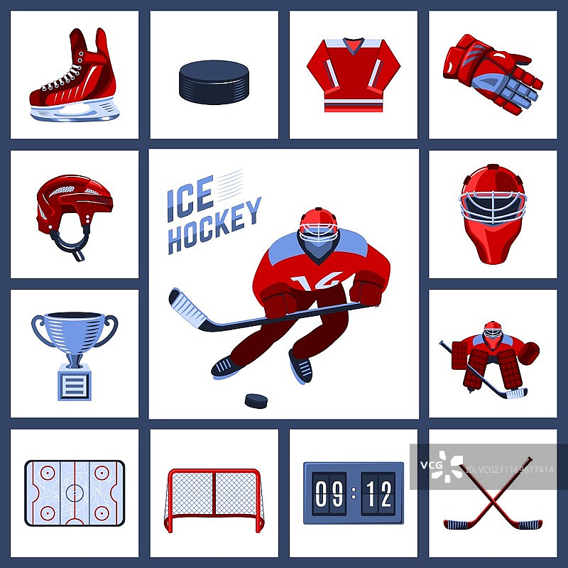冰球运动装备图标集矢量插图图片素材