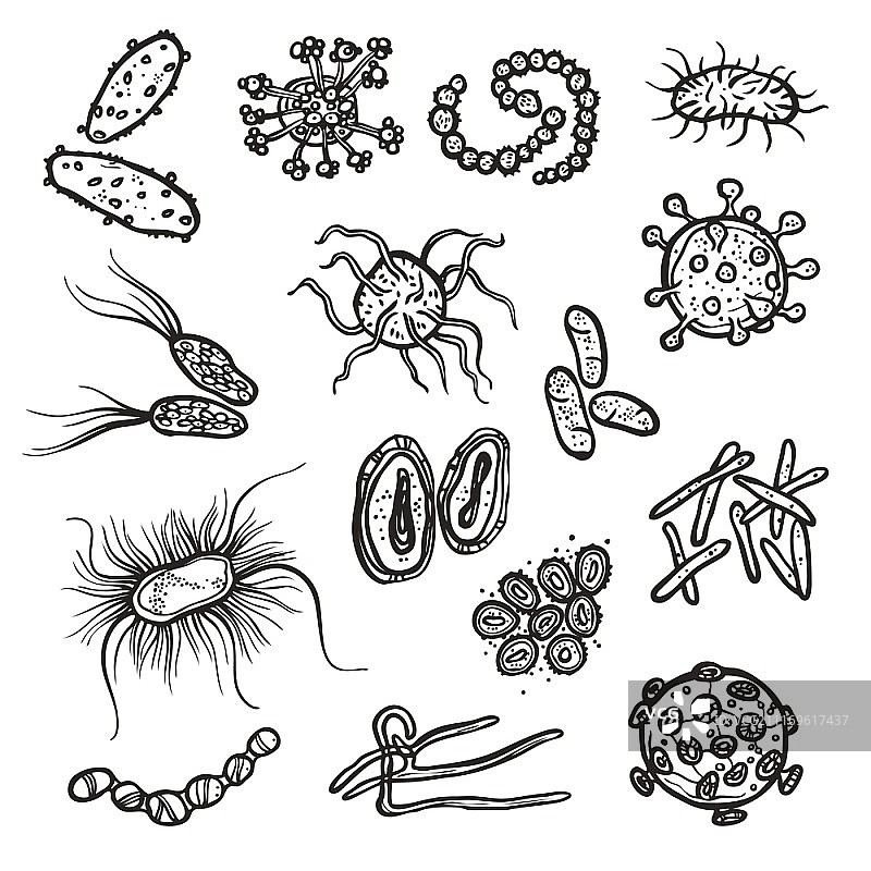 细菌和病毒细胞黑色素描装饰图标集矢量插图图片素材