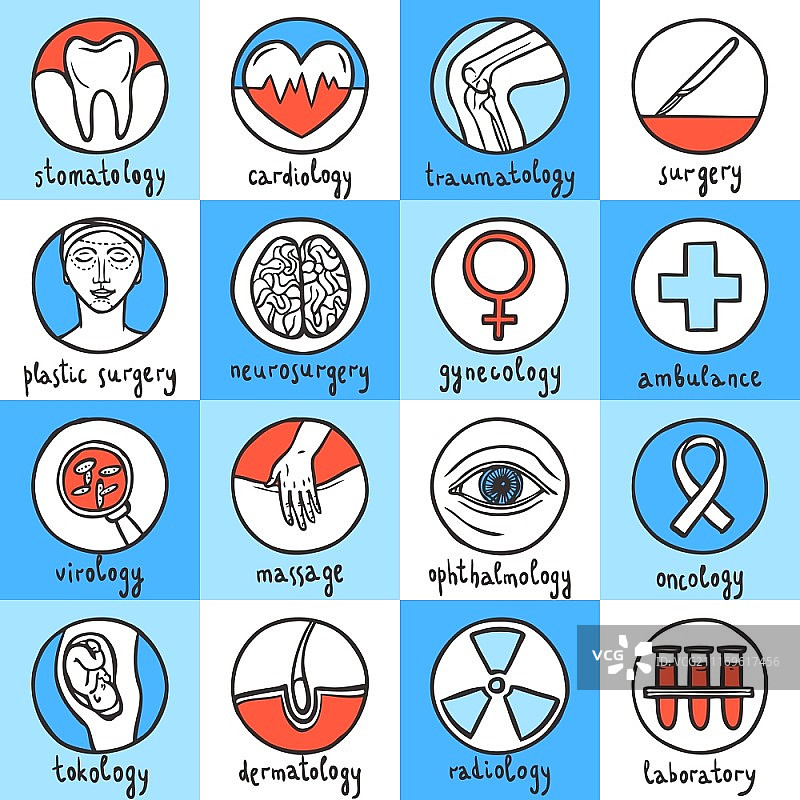 医疗素描图标集（口腔科、心脏科、创伤外科、手术）矢量插图图片素材