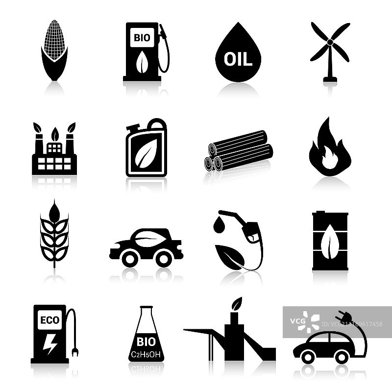 生物燃料生态电池和能源图标黑色集合矢量插图图片素材