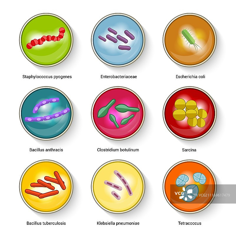 细菌病毒生物危害微生物过敏原和显微镜细胞图标设置矢量插图图片素材