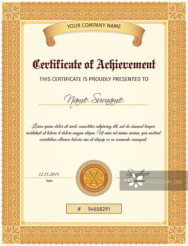 带封 ribbon 和优雅装饰的垂直成就证书模板矢量素材图片素材