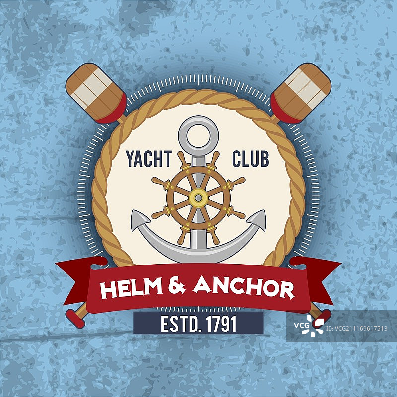 复古航海标志，带有锚和轮的舵与锚游艇俱乐部矢量图图片素材