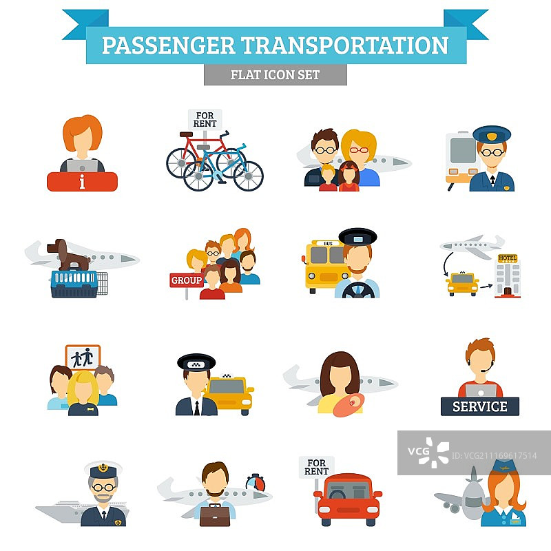 包含运输司机和乘客的客运图标扁平集矢量图图片素材