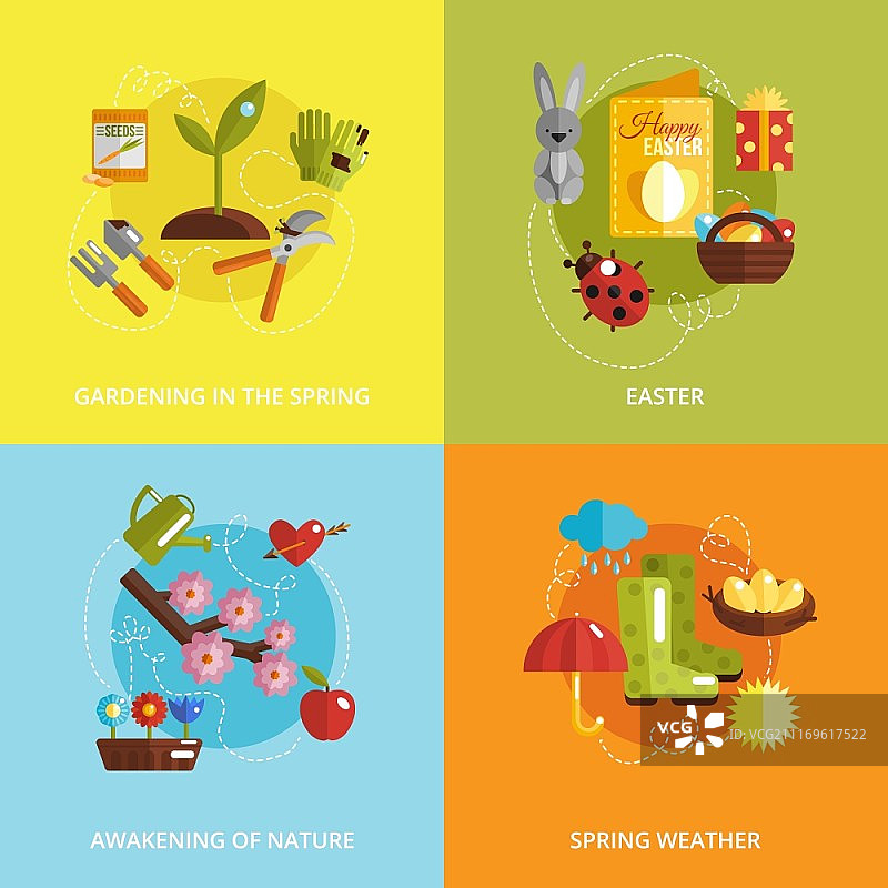 包含园艺、复活节、自然觉醒和天气扁平图标的春季设计概念集，独立矢量图图片素材