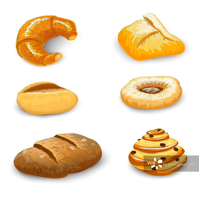 面包糕点甜甜圈巧克力百吉饼和羊角面包矢量图图片素材