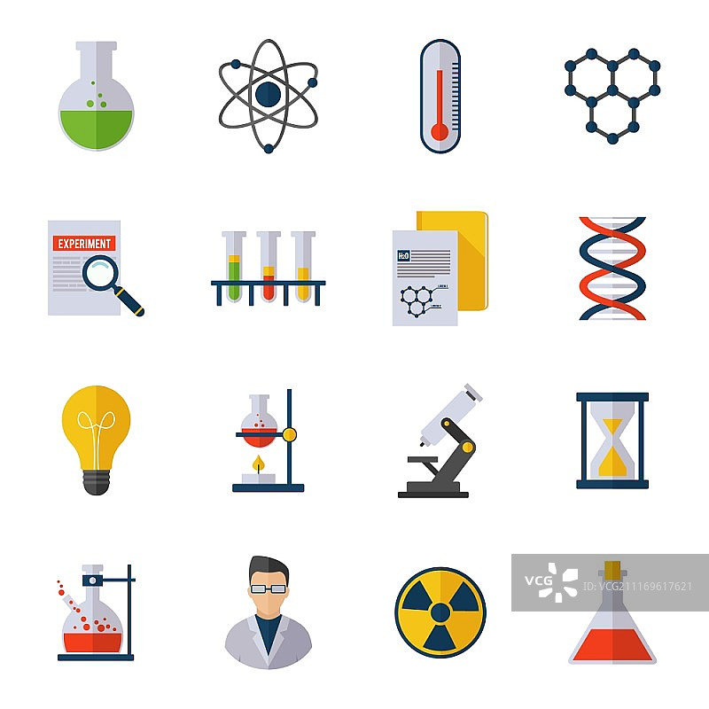 化学图标扁平集，包含科学家原子分子DNA，独立矢量图图片素材