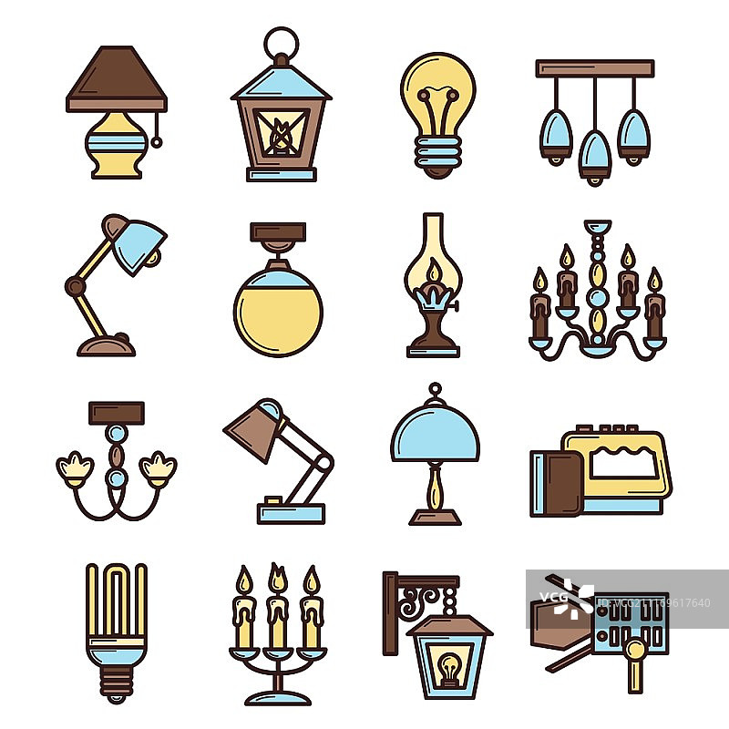灯光图标集：灯泡、荧光灯、电灯和蜡烛矢量图图片素材