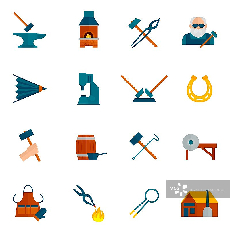 包含锤子、鼓风机、壁炉和马蹄铁的铁匠图标扁平化合集矢量素材图片素材