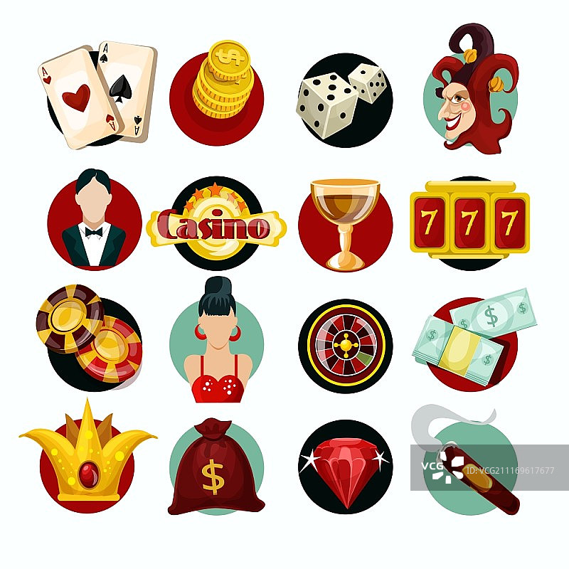 赌场图标集：轮盘、雪茄、小丑、老虎机，矢量素材图片素材