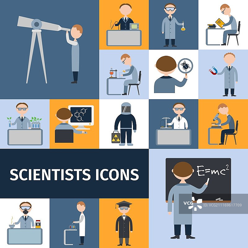 科学家角色图标集，包含数学家、探险家、化学家、物理学家头像，独立矢量图图片素材