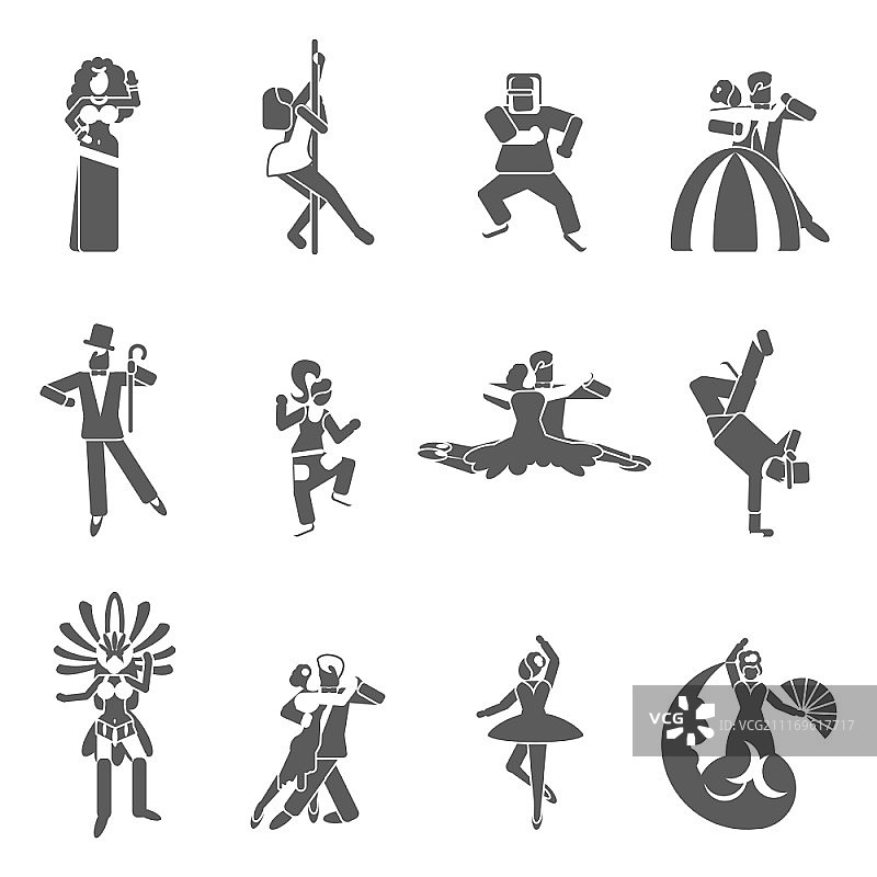 穿着优雅的情侣舞蹈风格黑色图标矢量图图片素材