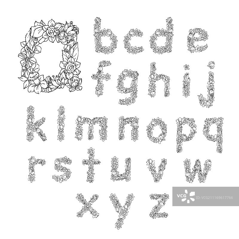花卉字母小写字母草图装饰图标集隔离矢量图图片素材