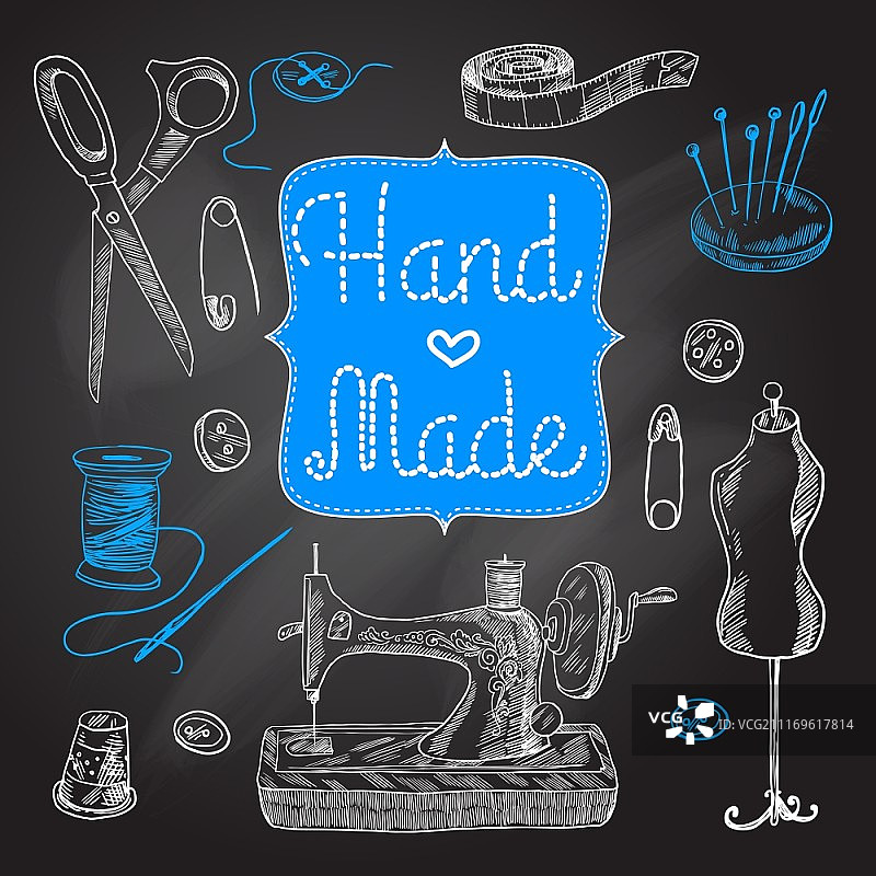 缝纫和裁剪黑板套装，含缝纫机、剪刀、纽扣矢量图图片素材