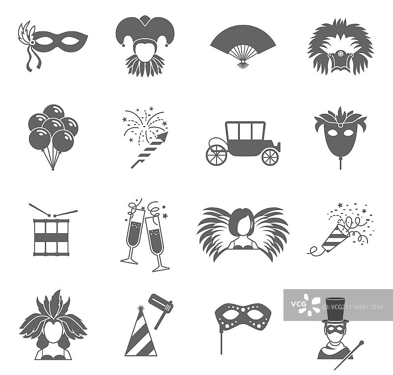 狂欢节面具黑色图标集（含羽毛扇和魔杖抽象矢量隔离插图）图片素材