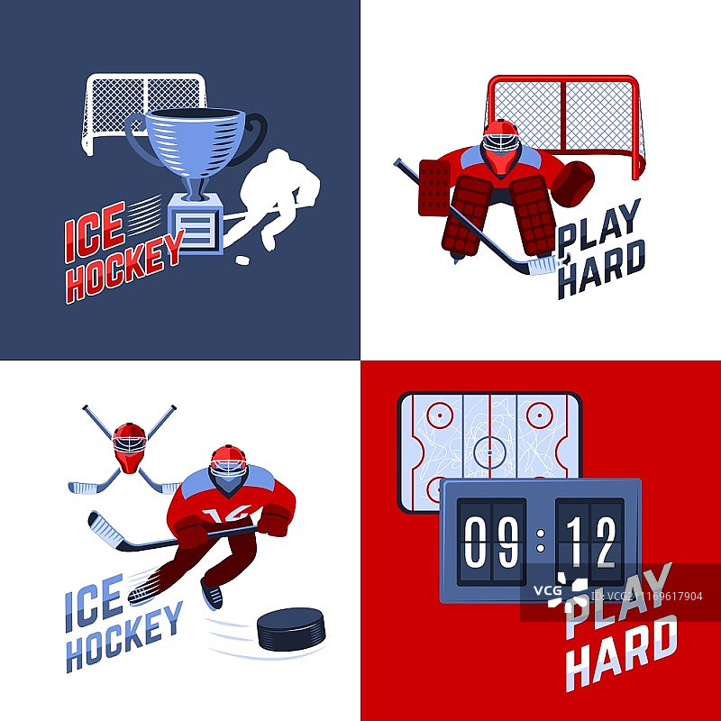 冰球运动设计概念集，身着制服的球员扁平图标孤立矢量插图图片素材