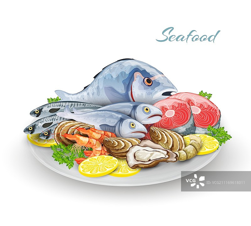 美味海鲜鱼餐厅产品组合矢量图图片素材