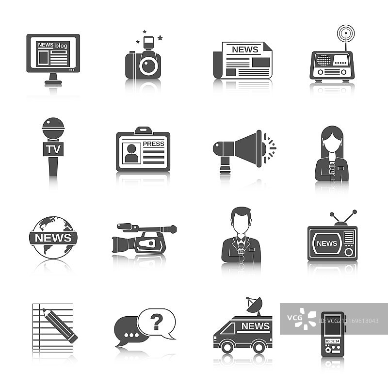 记者报纸和电视新闻业职业图标黑色集隔离矢量图图片素材