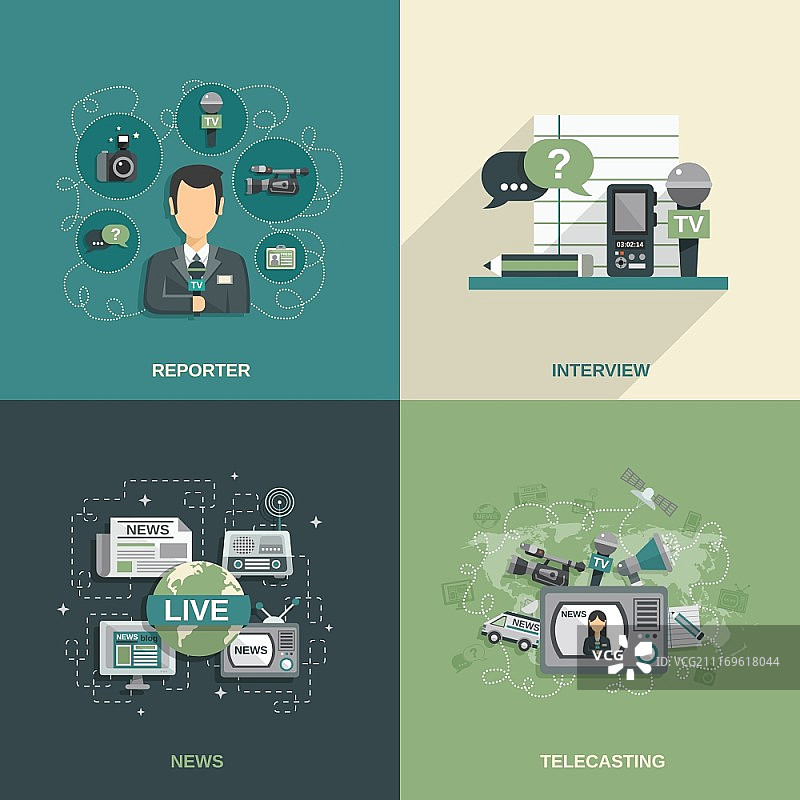 记者设计概念：记者采访新闻广播扁平图标矢量图图片素材