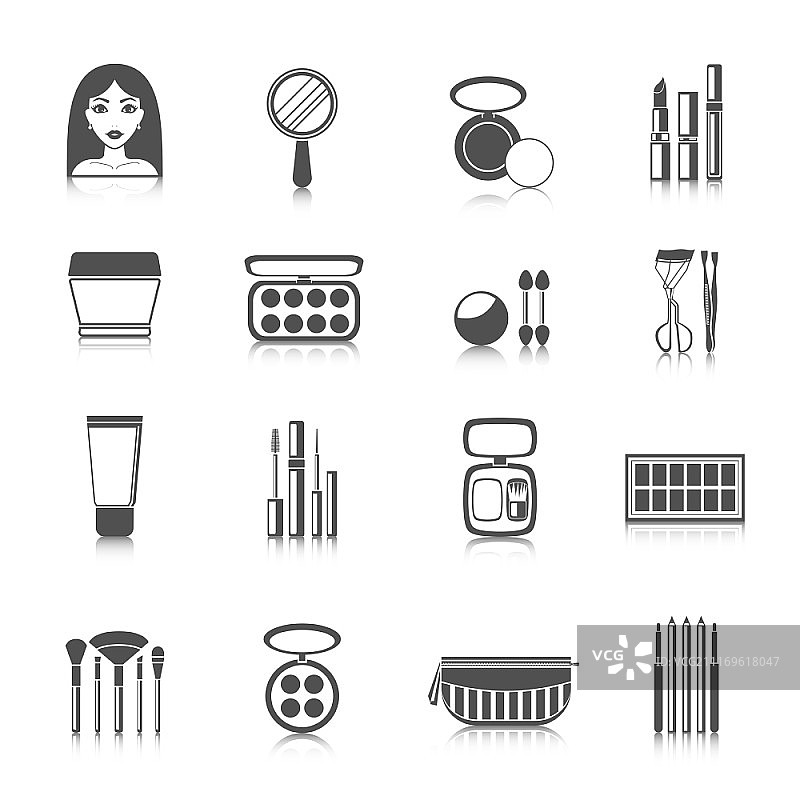 化妆图标黑色套装，包含女性面部镜子粉末睫毛膏矢量图图片素材