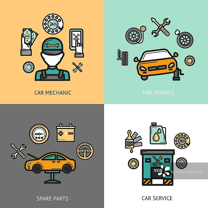 汽车服务设计概念集，包含汽车机械师轮胎服务备件扁平风格图标，隔离矢量图图片素材