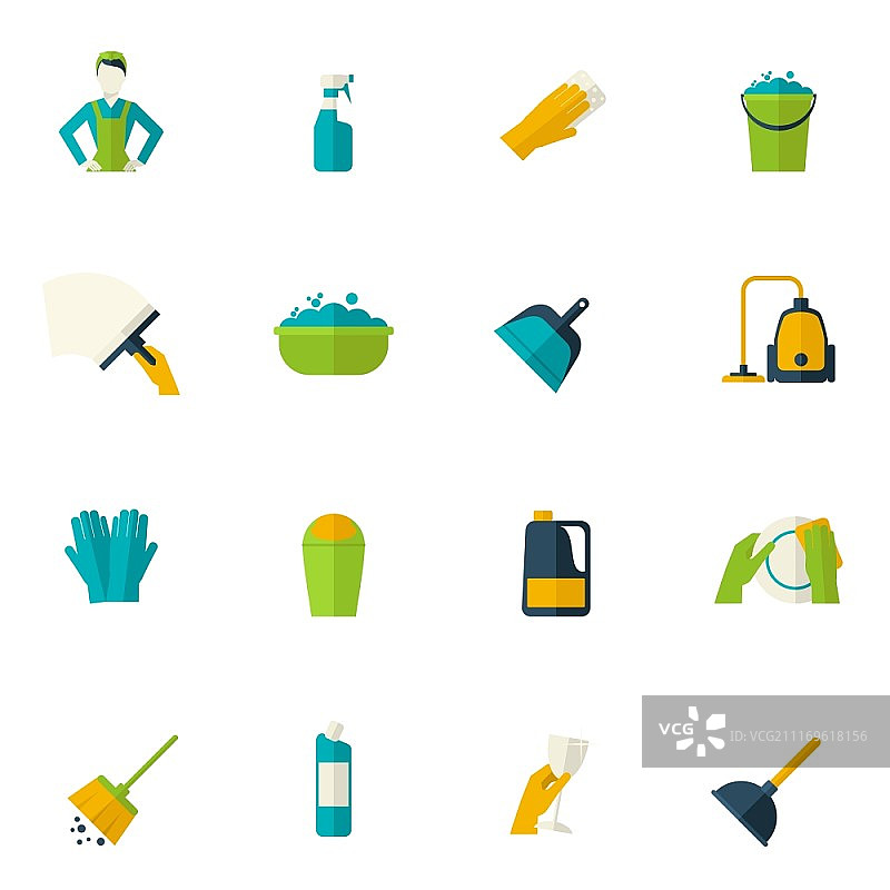 清洁图标扁平化套装，包含清洁女工、水桶、海绵、手套等元素，矢量图解图片素材