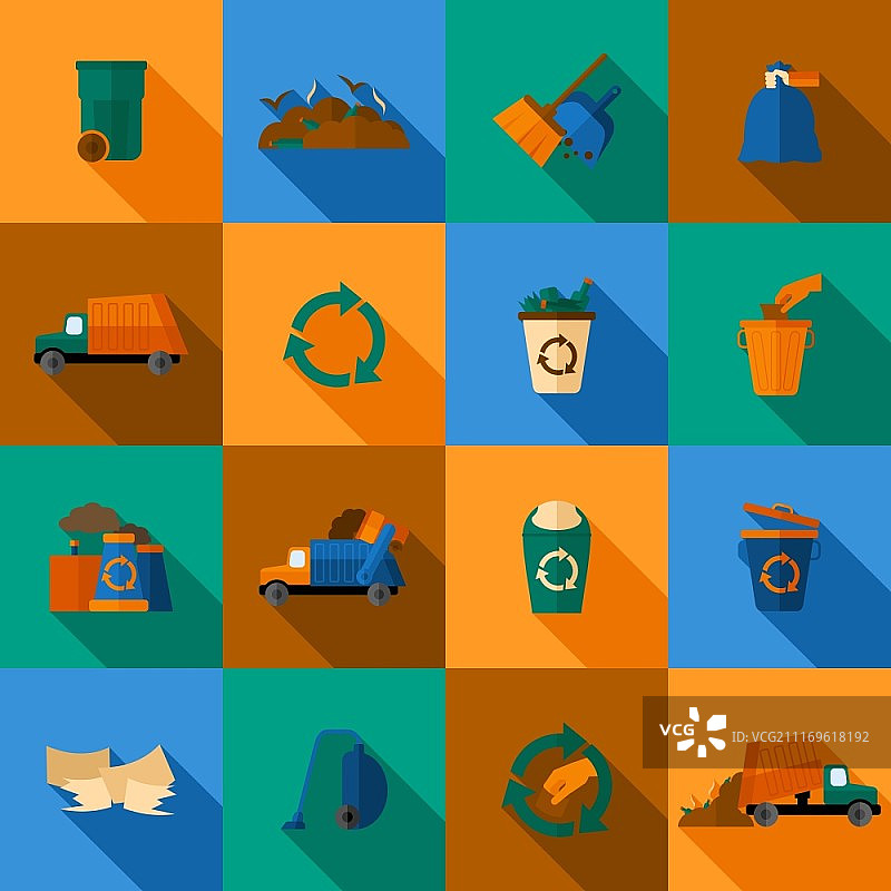 带垃圾场废纸篓地球污染的垃圾扁平图标集，独立矢量图图片素材