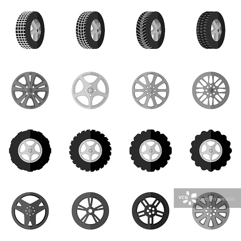轮胎服务蒙太奇和安装图标黑色集合矢量图示图片素材