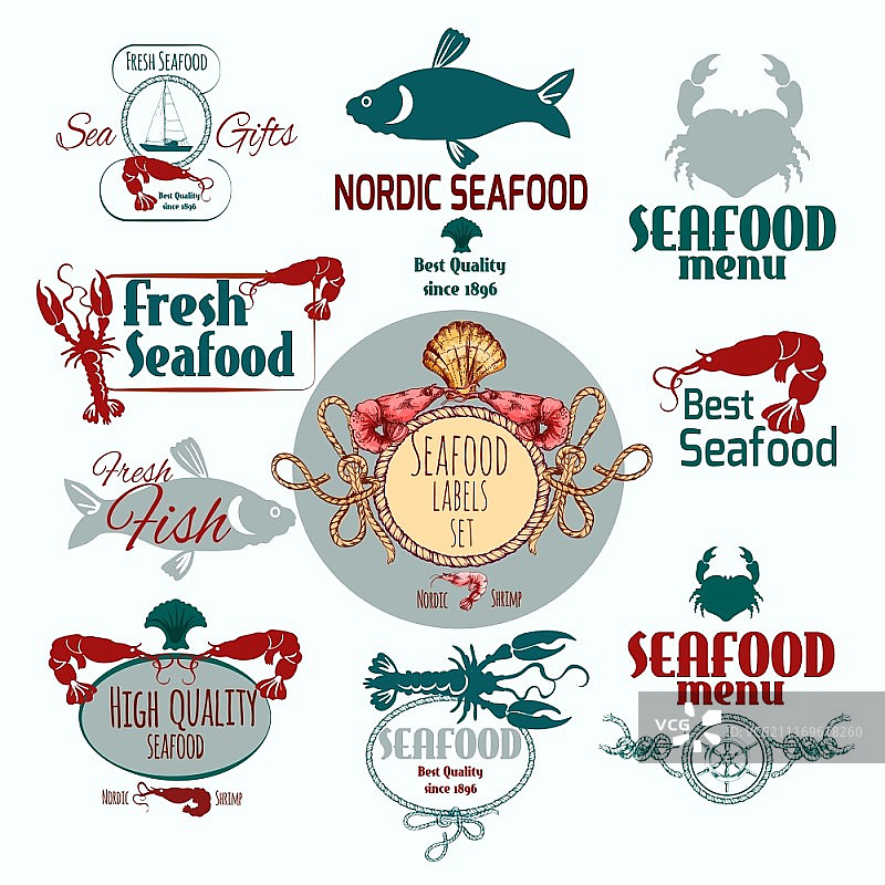 海鲜餐厅菜单：新鲜鱼、螃蟹和对虾标签矢量图图片素材