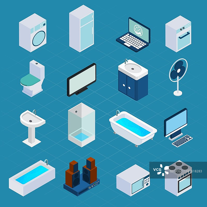 2.5D家用电器组合：洗衣机、冰箱、电脑3D图标矢量素材图片素材