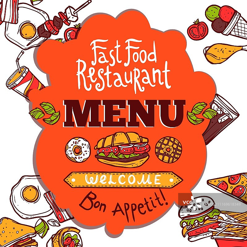 彩色快餐店菜单（含菜肴饮品和用餐愉快文字矢量素材）图片素材