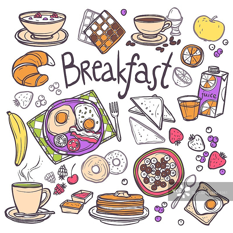 含煎蛋、吐司、谷物、橙汁的装饰性早餐简笔画图标集矢量图图片素材