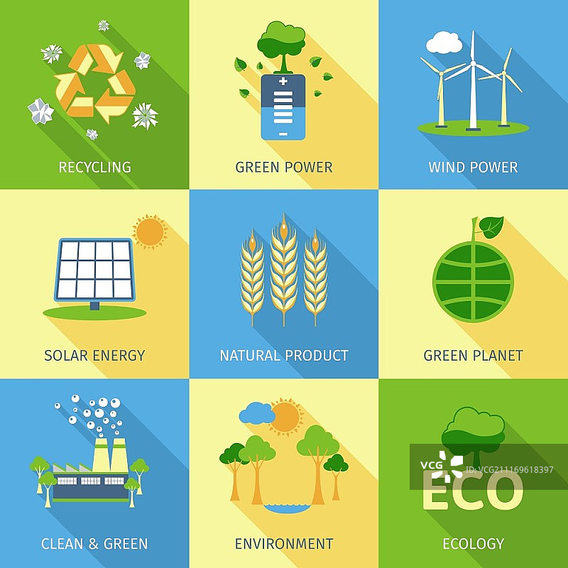 生态概念：回收绿色能源风能和太阳能装饰图标矢量图图片素材