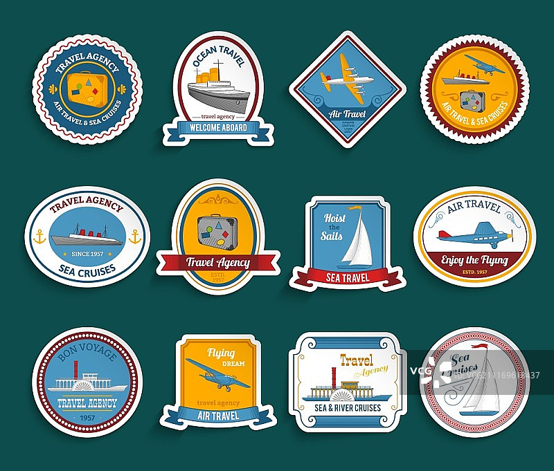 Bon voyage旅行社飞行梦想海陆巡游贴纸合集彩色抽象隔离矢量图图片素材