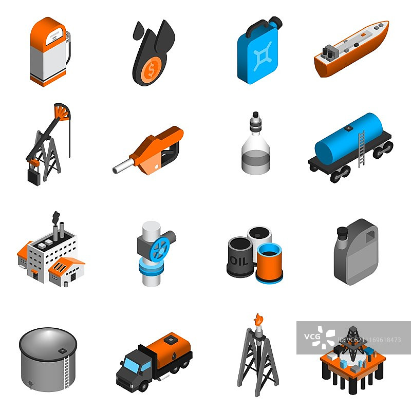 石油工业汽油处理运输2.5D图标集矢量图图片素材