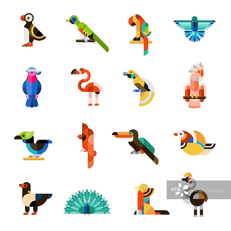 彩色丛林野生鸟类图标合集矢量插画图片素材