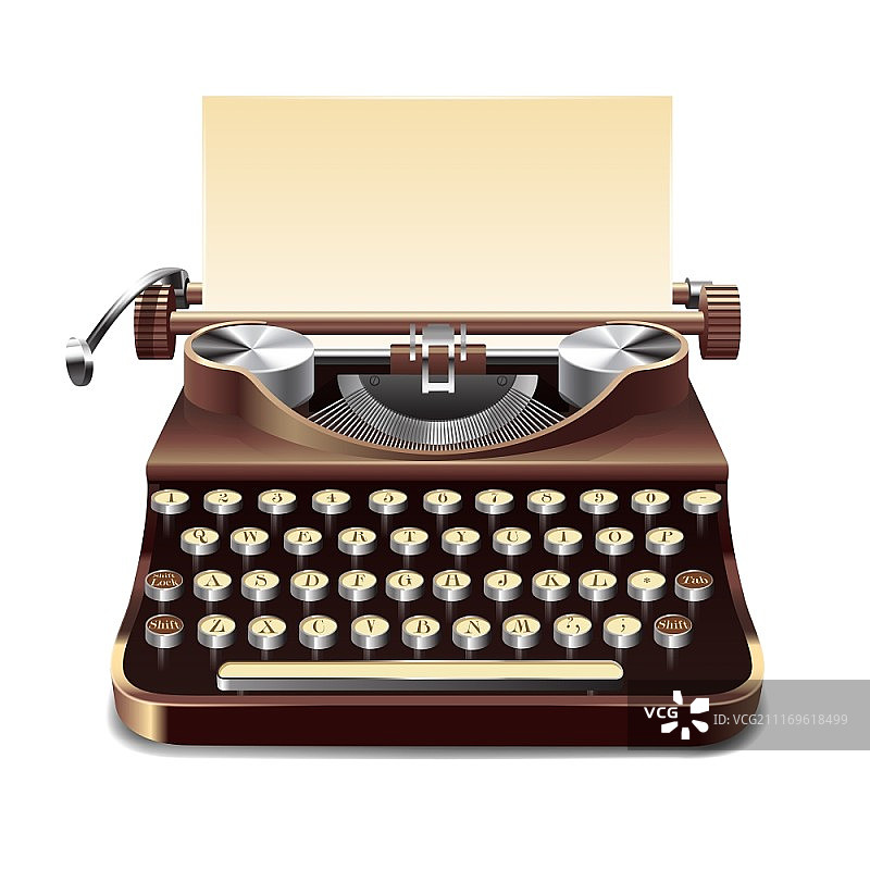 白色背景上逼真的老式打字机和纸张矢量素材图片素材