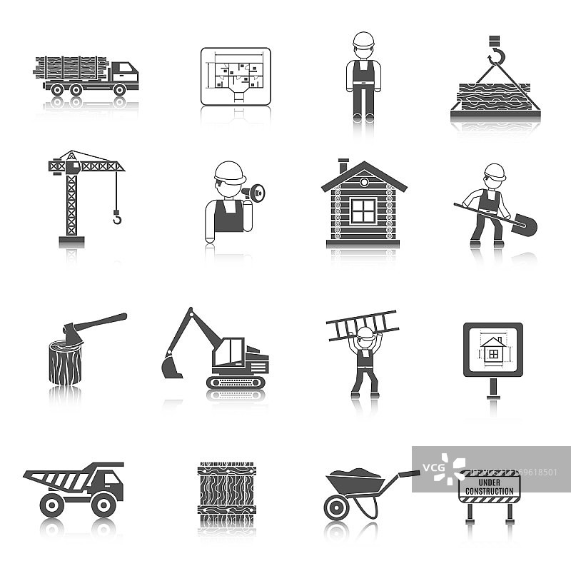 建筑与木工图标黑色集合：木屋栅栏卡车隔离矢量插图图片素材