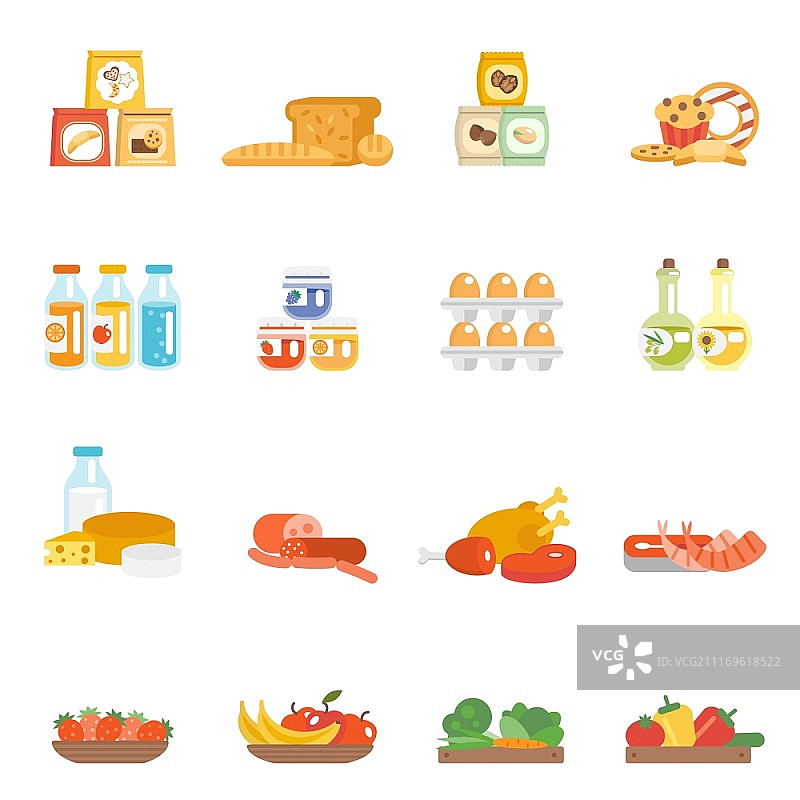 包含肉类牛排、烘焙食品、鸡蛋和奶制品的超市食品套装矢量图图片素材